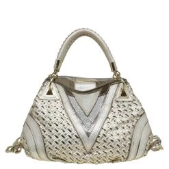 Versace Gold Woven Leather Crystal V Satchel For Women