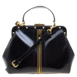 Versace Black Patent Leather Zip Detail Satchel For Women