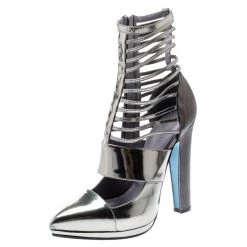 Versace Metallic Silver Leather Pointed Toe Cage Pumps Size 40 For Women
