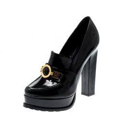 Versace Black Patent Leather Medusa Platform Block Heel Loafer Pumps Size 38 For Women