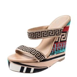 Versace Beige Printed Canvas Wedge Platform Sandals Size 37 For Women