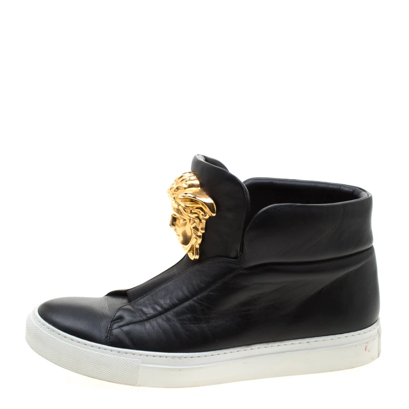 Versace Black Leather Medusa High Top Sneakers Size 38 For Women - Image 2