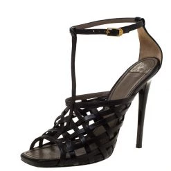 Versace Black Leather Strappy Sandals Size 41 For Women