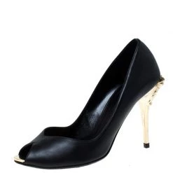 Versace Black Leather Peep Toe Medusa Heel Pumps Size 35.5 For Women