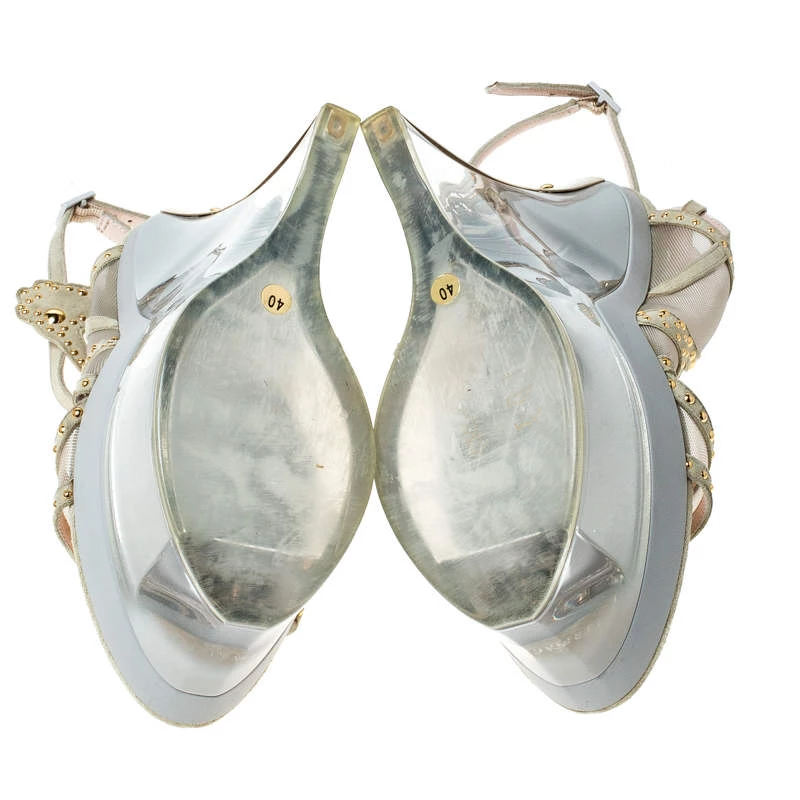 Versace Cream Suede Emebllished Cut Out Ankle Strap Wedge Platform Sandals Size 40 For Women - Image 6