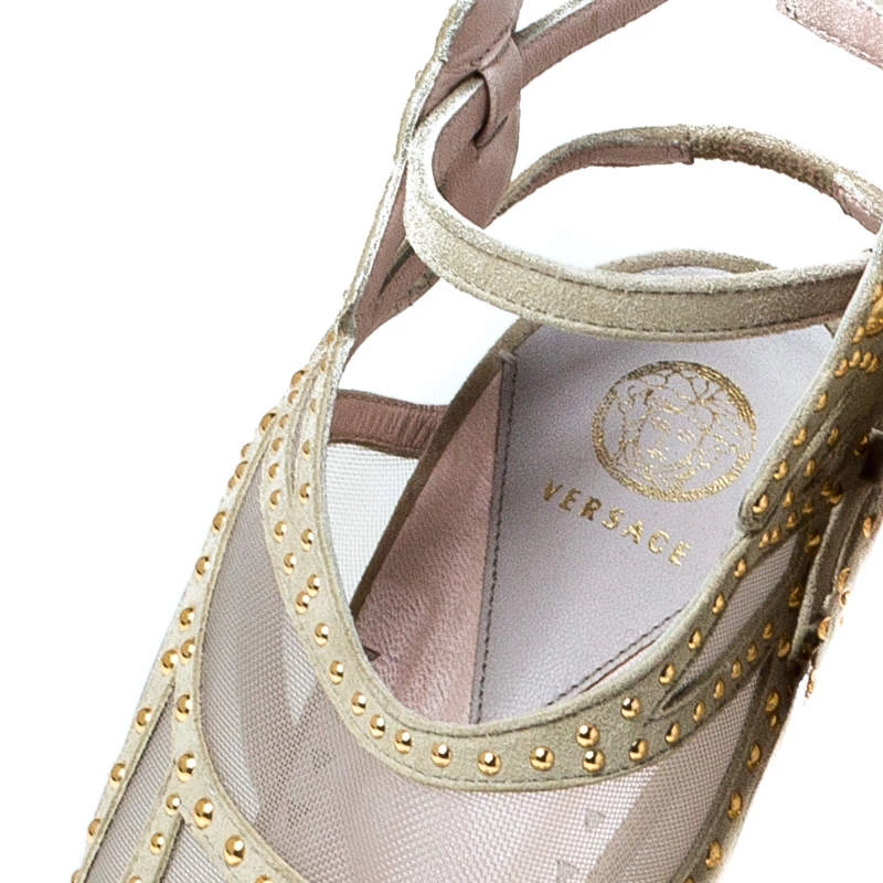 Versace Cream Suede Emebllished Cut Out Ankle Strap Wedge Platform Sandals Size 40 For Women - Image 7