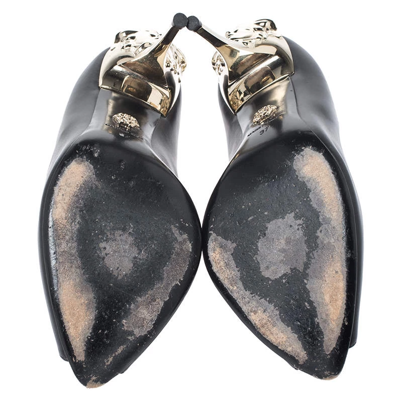 Versace Black Leather Peep Toe Medusa Heel Pumps Size 37 For Women - Image 6