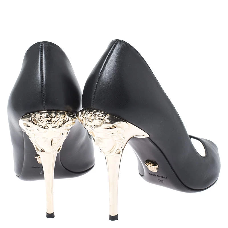 Versace Black Leather Peep Toe Medusa Heel Pumps Size 37 For Women - Image 5