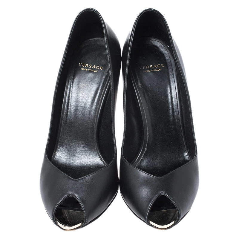Versace Black Leather Peep Toe Medusa Heel Pumps Size 37 For Women - Image 3