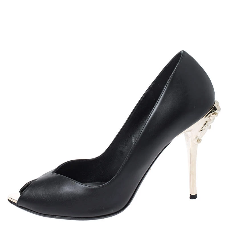 Versace Black Leather Peep Toe Medusa Heel Pumps Size 37 For Women - Image 2