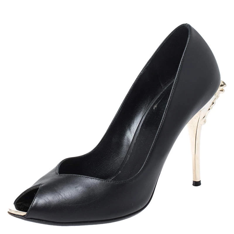 Versace Black Leather Peep Toe Medusa Heel Pumps Size 37 For Women