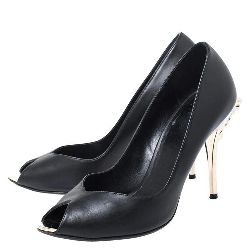Versace Black Leather Peep Toe Medusa Heel Pumps Size 37 For Women - Image 4