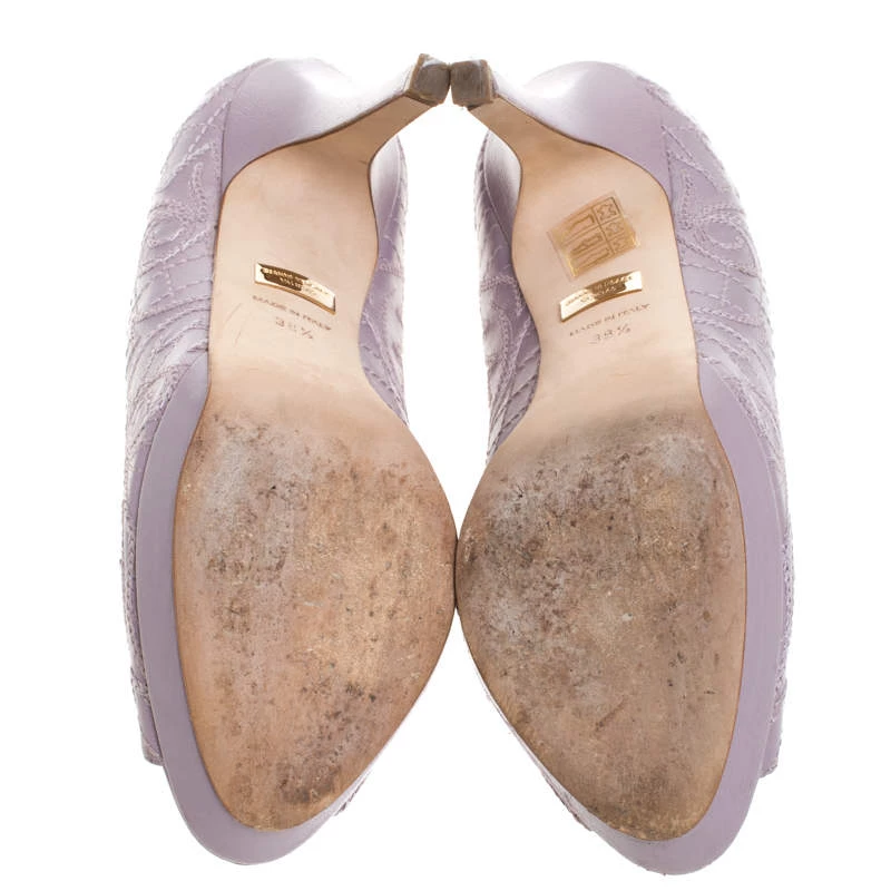 Versace Lilac Embroidered Leather Peep Toe Platform Pumps Size 38.5 For Women - Image 6