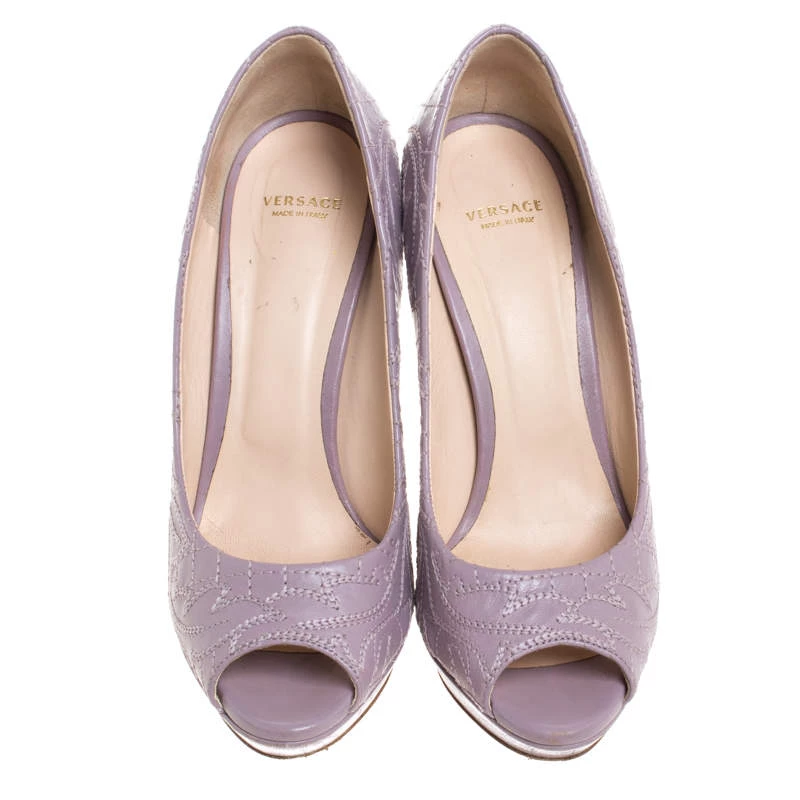 Versace Lilac Embroidered Leather Peep Toe Platform Pumps Size 38.5 For Women - Image 3