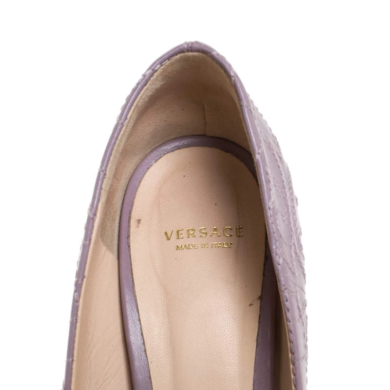 Versace Lilac Embroidered Leather Peep Toe Platform Pumps Size 38.5 For Women - Image 7