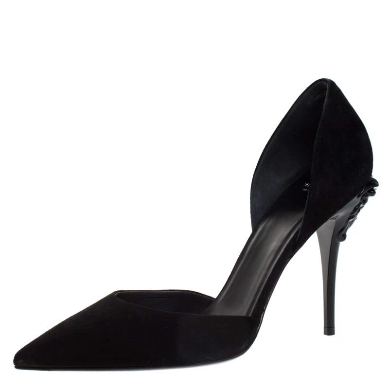 Versace Black Suede Leather Medusa Heel Pointed Toe Pumps Size 39 For Women