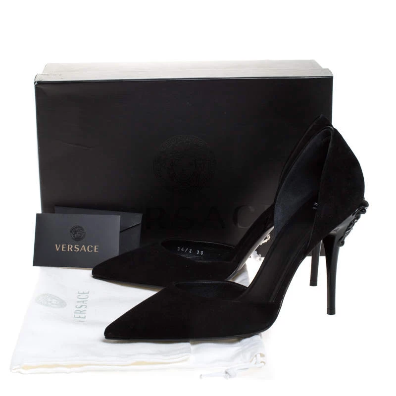 Versace Black Suede Leather Medusa Heel Pointed Toe Pumps Size 39 For Women - Image 8