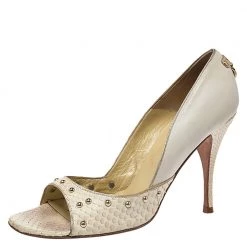 Versace Off-white Python And Leather Open Toe Pumps Size 40 For Women