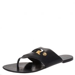 Versace Black Leather Medusa Detail Thong Flats Slides Size 41 For Women