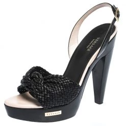 Versace Black Woven Knot Leather And Patent Slingback Platform Sandals Size 36 For Women