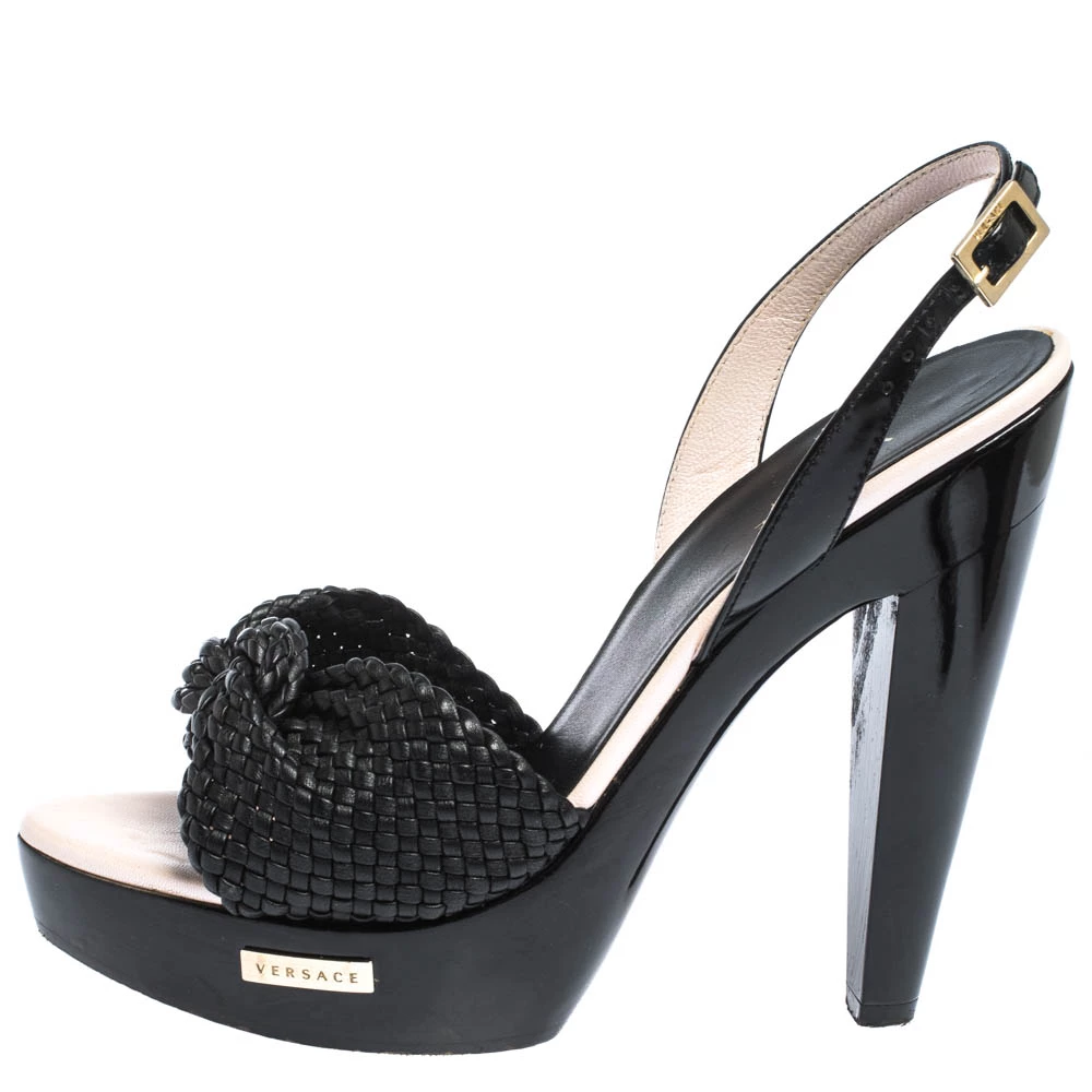 Versace Black Woven Knot Leather And Patent Slingback Platform Sandals Size 36 For Women - Image 2