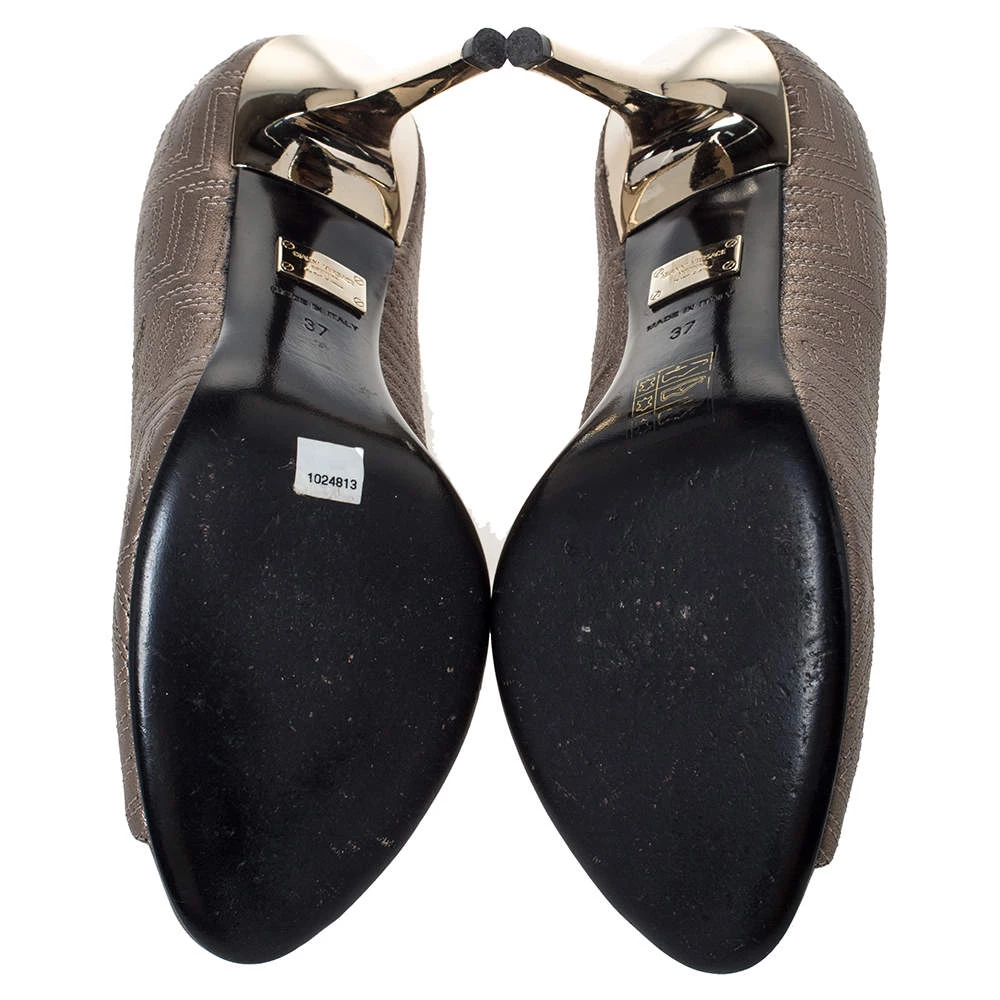 Versace Metallic Embroidered Leather Peep Toe Pumps Size 37 For Women - Image 6