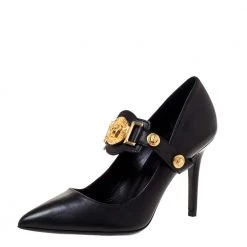 Versace Black Leather Medusa Strap Pointed Toe Pumps Size 36 For Women