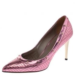 Versace Metallic Pink Leather Greek Key Stitch Detail Pointed Toe Pumps Size 38 For Women