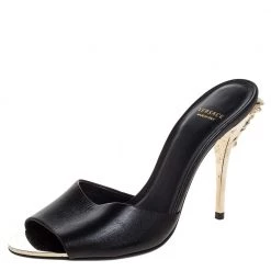 Versace Black Leather Medusa Heel Slide Sandals Size 37 For Women