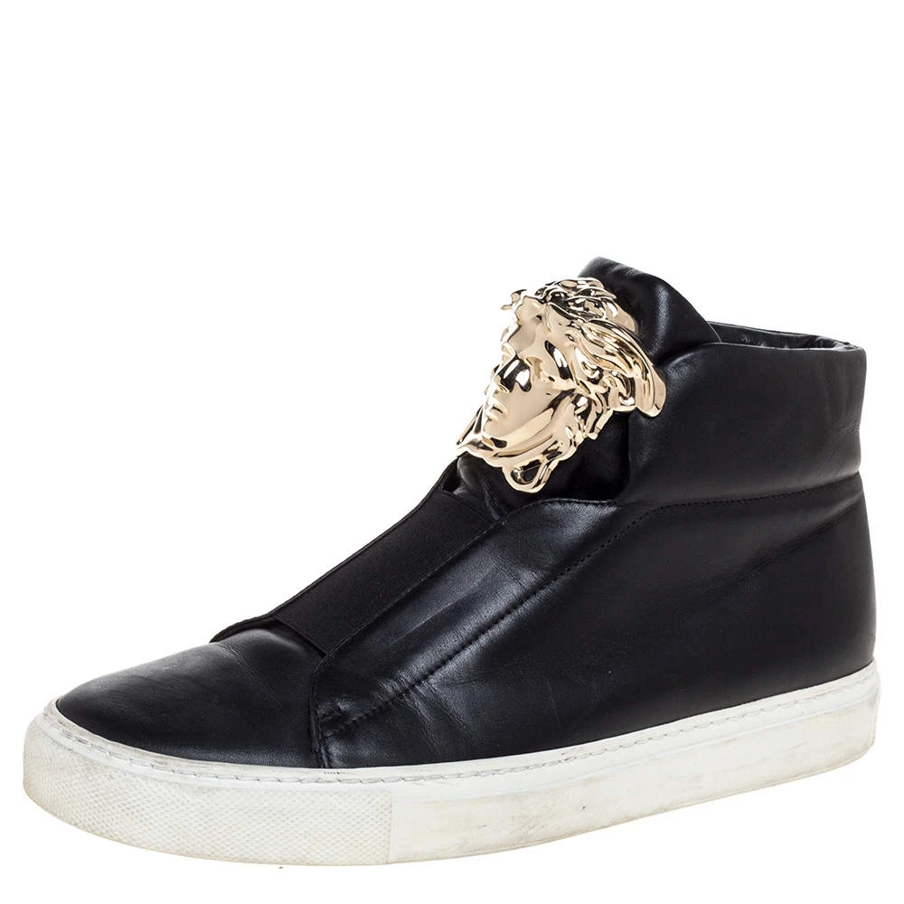 Versace Black Leather Palazzo Medusa High Top Sneakers Size 37 For Women