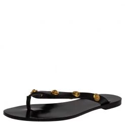 Versace Black Leather Medusa Detail Thong Flats Slides Size 36 For Women