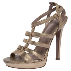 Versace Gold Leather Caged Platform Sandals Size 36 For Women
