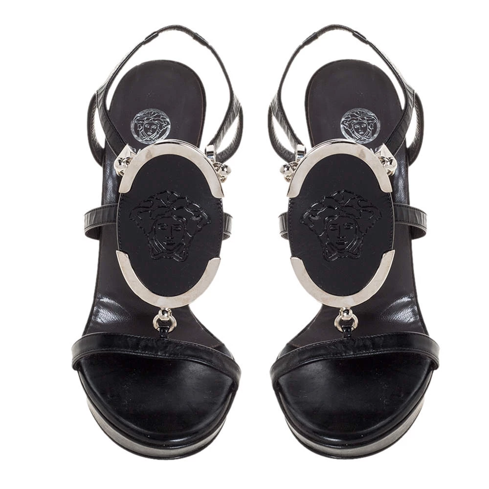 Versace Black Leather Medusa Strappy Ankle Strap Sandals Size 39 For Women - Image 3