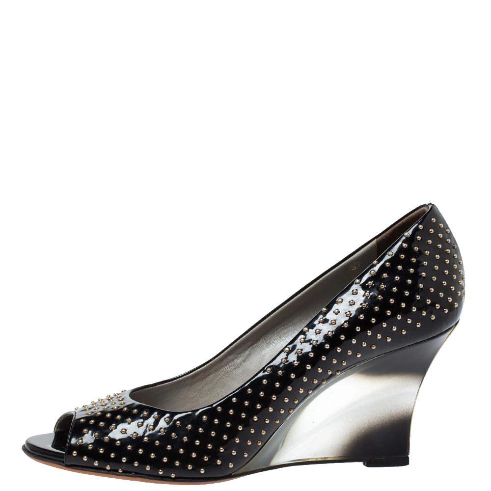 Versace Black Patent Studded Peep Toe Pumps Size 37 For Women - Image 2