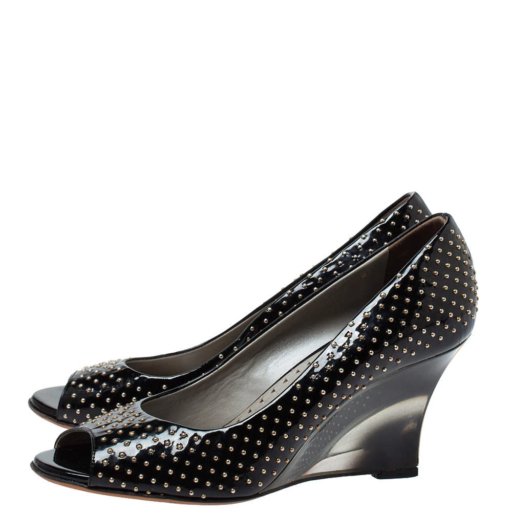 Versace Black Patent Studded Peep Toe Pumps Size 37 For Women - Image 4