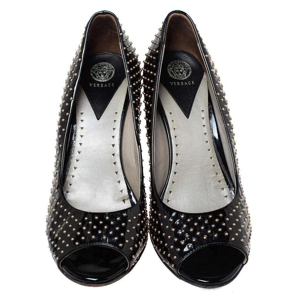 Versace Black Patent Studded Peep Toe Pumps Size 37 For Women - Image 3
