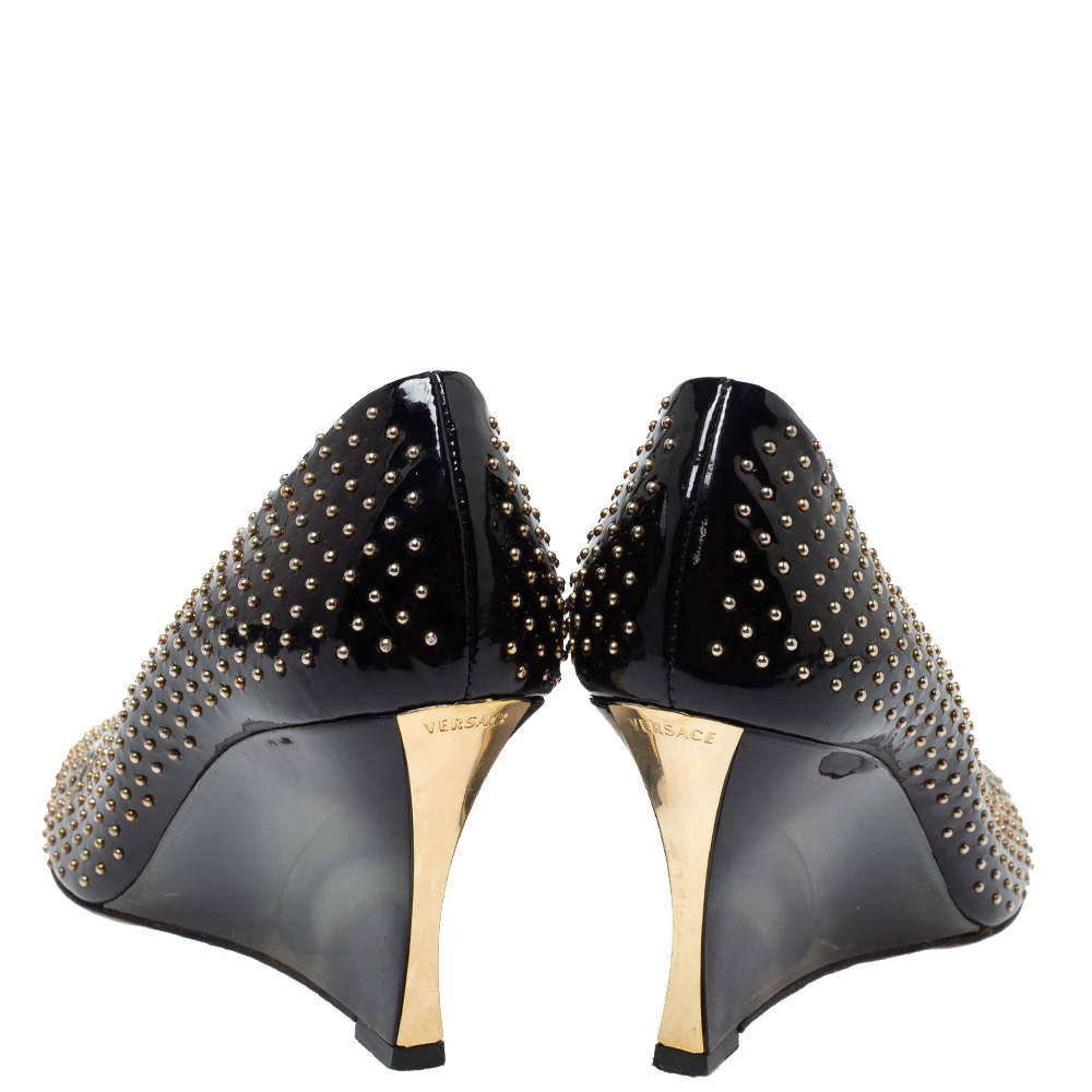 Versace Black Patent Studded Peep Toe Pumps Size 37 For Women - Image 5