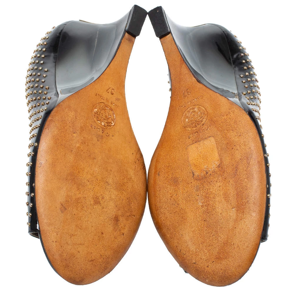 Versace Black Patent Studded Peep Toe Pumps Size 37 For Women - Image 6