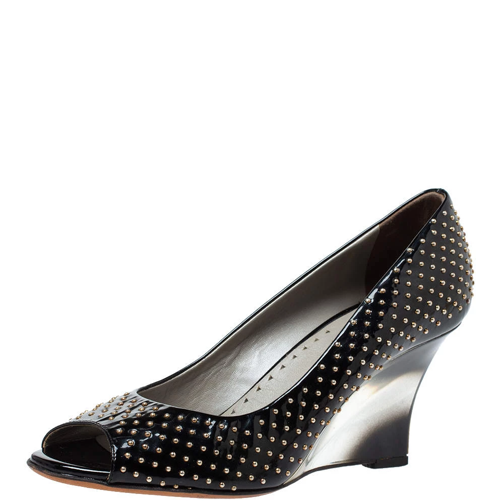 Versace Black Patent Studded Peep Toe Pumps Size 37 For Women