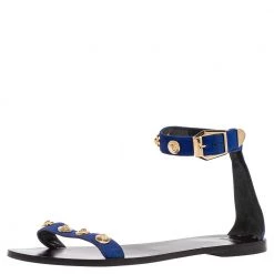 Versace Blue/Black Suede Medusa Stud Ankle Strap Flat Sandals Size 39 For Women