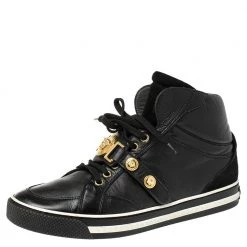 Versace Black Leather And Suede Medusa Strap High Top Sneakers Size 40 For Women