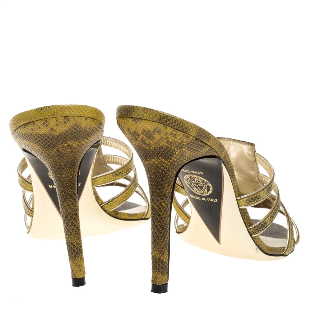 Versace Yellow Lizard Crystal Embellished Slide Sandals Size 38 For Women - Image 5