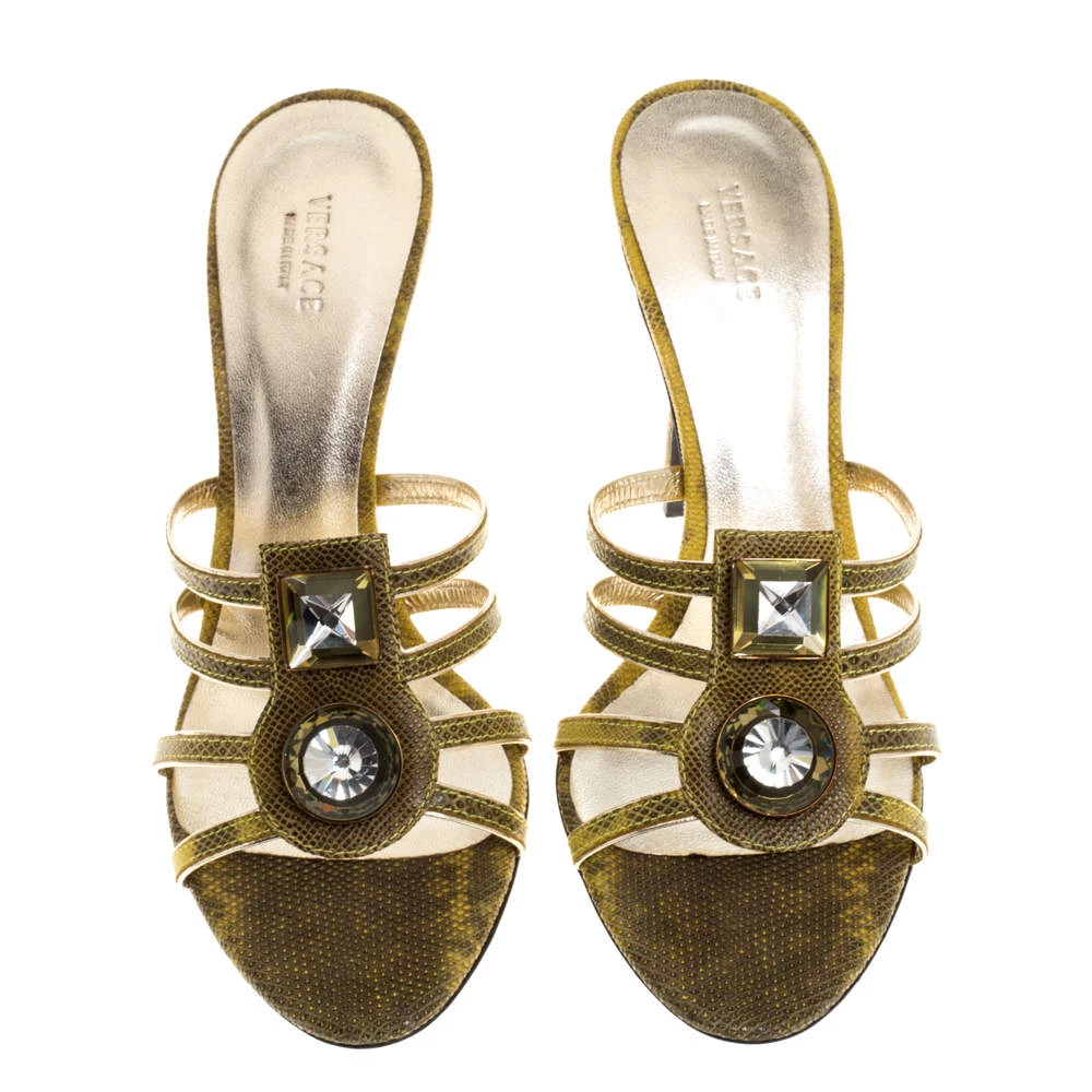Versace Yellow Lizard Crystal Embellished Slide Sandals Size 38 For Women - Image 3