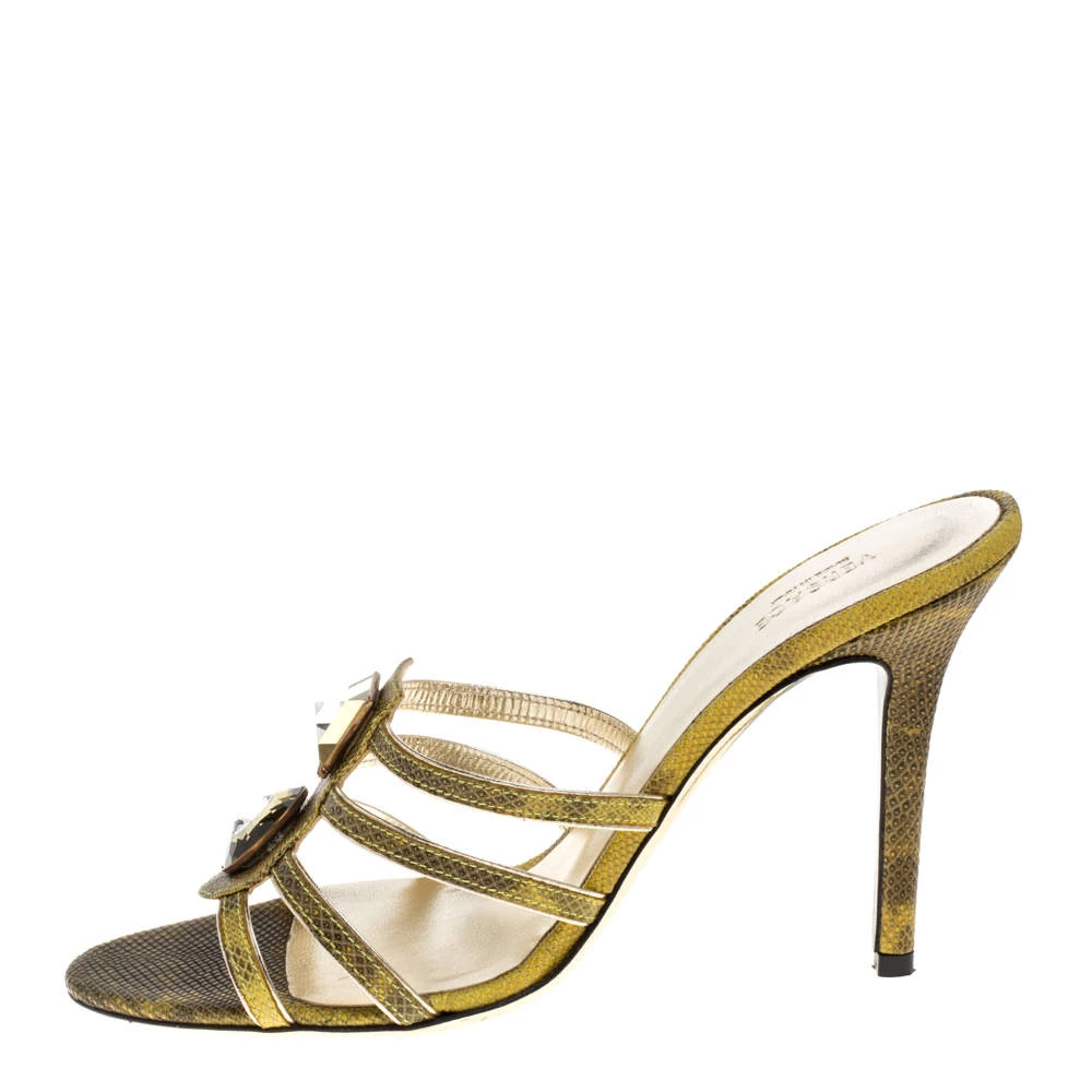Versace Yellow Lizard Crystal Embellished Slide Sandals Size 38 For Women - Image 2
