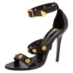 Versace Black Leather Medusa Studded Ankle Cuff Open Toe Sandals Size 37.5 For Women
