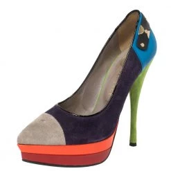 Versace Multicolor Block Suede And Leather Pointed Toe Platform Pumps Size 36.5 For Women