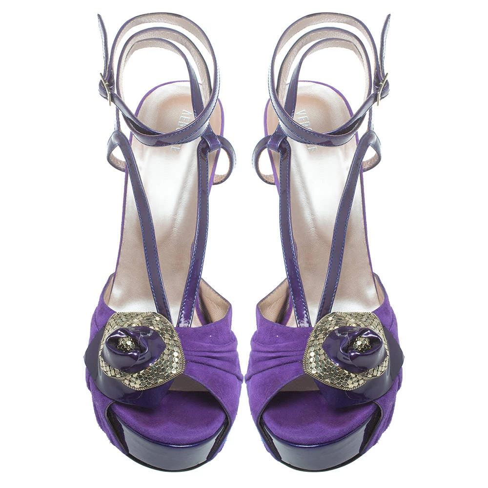 Versace Purple Suede And Patent Leather Floral Metal Mesh Platform Sandals Size 39 For Women - Image 3