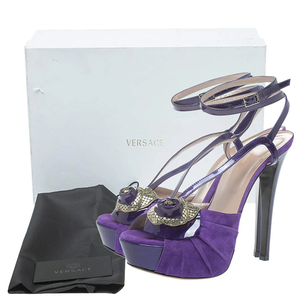 Versace Purple Suede And Patent Leather Floral Metal Mesh Platform Sandals Size 39 For Women - Image 8