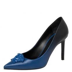 Versace Blue Leather Medusa Pointed Toe Pumps Size 36 For Women