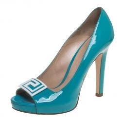 Versace Sky Blue Patent Leather Slip On Peep Toe Platform Pumps Size 41 For Women